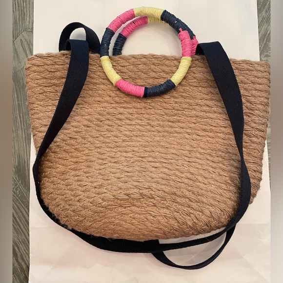 GAP Jute tote bag/crossbody with colorful O-ring top handles and canvas strap. - Picture 1 of 14